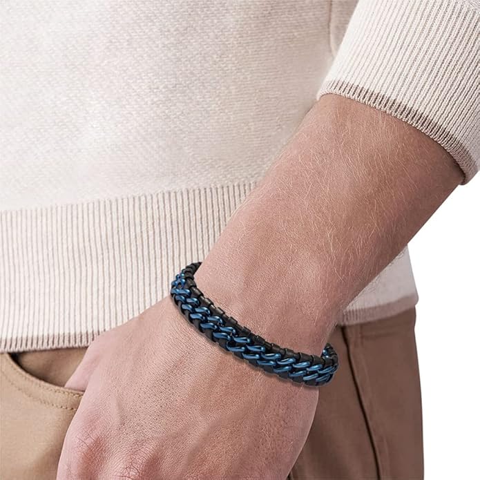 Men's Braided Genuine Leather Link Steel Chain Bracelet