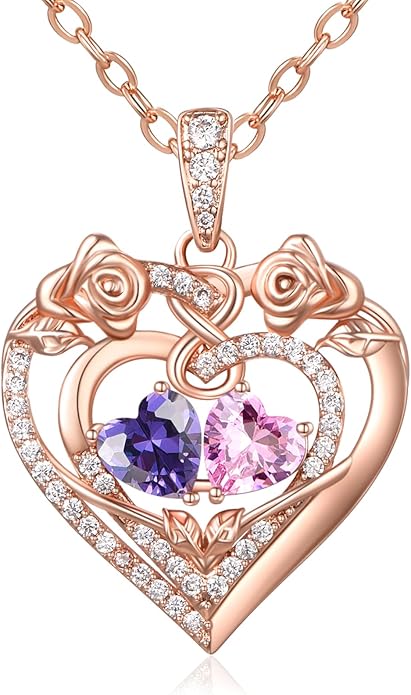 JIYVY32 Rose Heart Necklace for Women Exquisite 925 Sterling Silver Anniversary Birthday Gifts for Wife Mom Her Double Birthstone Pendant Jewelry