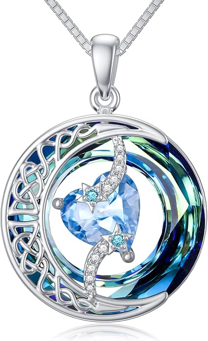 TOUPOP Christmas Gifts Birthstone Necklace 925 Sterling Silver Moon and Star Pendant with Blue Crystal Celtic Moon Jewelry Birthday Gifts for Women Mom Wife Her Daughter