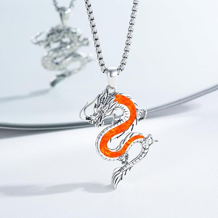 REDSUN 925 Sterling Silver Dragon Pendant Necklace Viking Dragon with Obsidian/Opal Protection Jewelry Gifts for Men Women Her Him Birthday Valentines Day Gifts