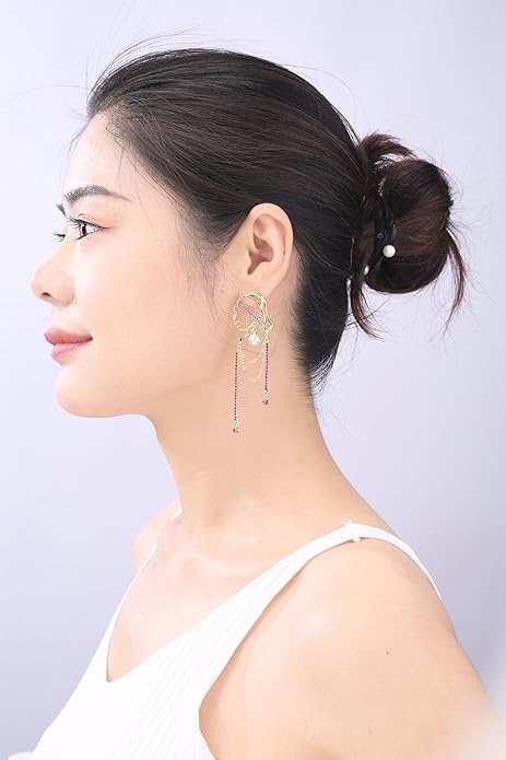 Unique Abstract Face Art | Dangle Statement Long Earrings for Women | Rhinestone Tassel Handmade Chandelier Earrings
