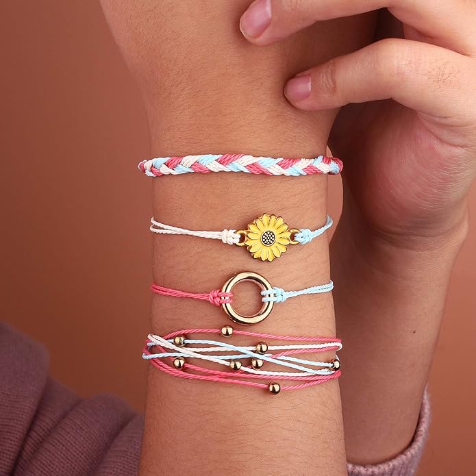 FANCY SHINY Sunflower String Bracelet Boho Braided Rope Wrap Bracelets Cute Summer Beach Surfer Jewelry for Women