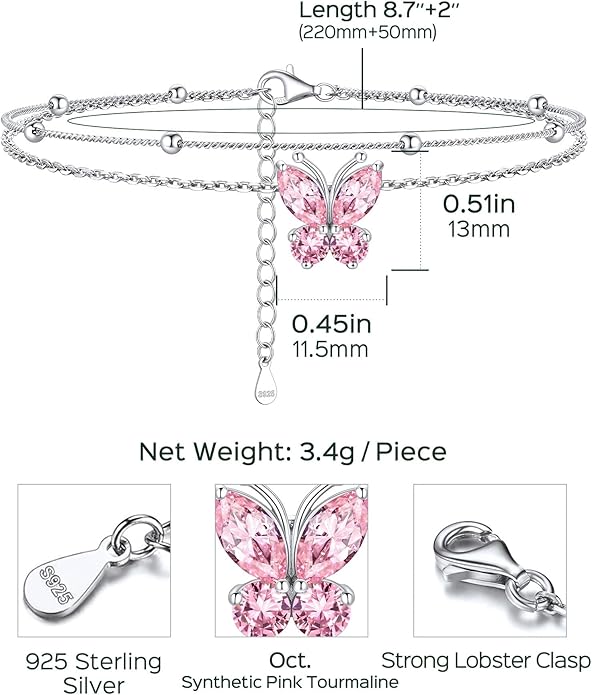 ChicSilver 925 Sterling Silver Anklets for Women Waterproof, Sparkling Birthstone Ankle Bracelets for Women, Adjustable Layered Butterfly Anklet Summer Beach Jewelry