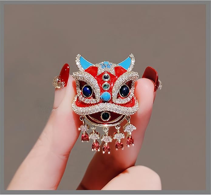 Chinese Lion Dance Brooch, Vintage Enamel Floral & Cat Eye Pearl Adjustable Lapel Pin for Women & Men – Traditional Asian Style Awakening Lion Brooch for Jacket, Blazer, Scarf, Qipao, Wedding, Festival Gift (Gold/Red/Blue)