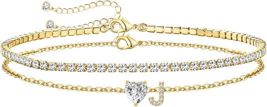 Gold Initial Ankle Bracelets for Women Waterproof 14K Gold Filled Layered Anklets for Women Non Tarnish Women's Anklets Adjustable Large Ankle Summer Beach Foot Jewelry