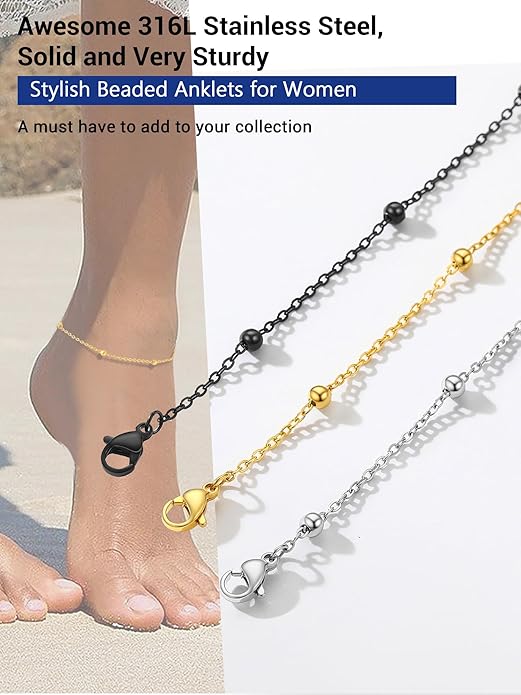 PROSTEEL Stainless Steel Chain Anklets for Women, Silver/Gold Tone, Ankle Bracelets Hypoallergenic, 8-10.5 Inch Adjustable, Come with Box