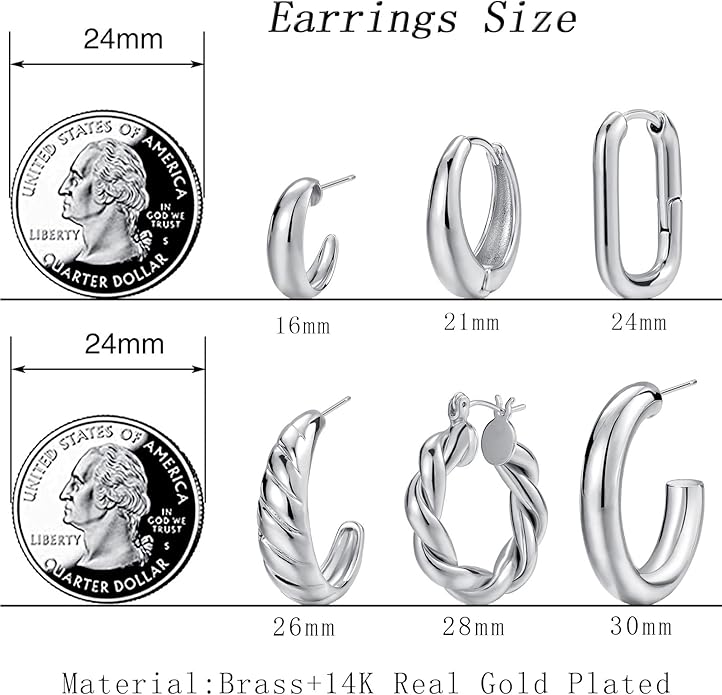 Hoop Earrings Set for Women, 6 Pairs 14K Gold Plated Lightweight Hypoallergenic Chunky Open Twisted Hoops Earrings Pack Jewelry