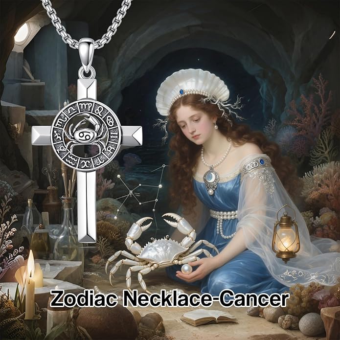 MEIDERBO Cross Zodiac Necklace 925 Sterling Silver 12 Constellation Horoscope Astrology Pendant Necklace Zodiac Sign Jewelry Gifts for Men Women