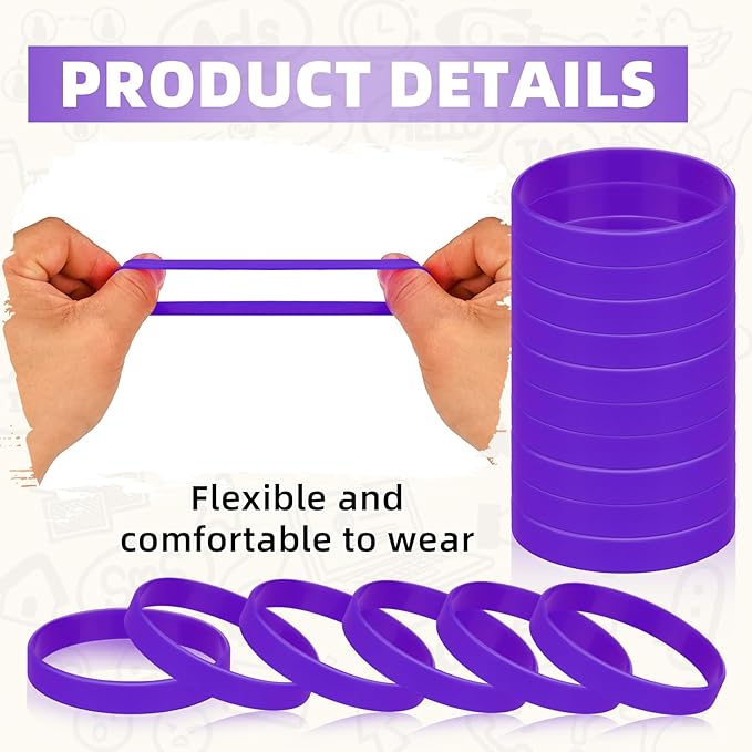 Rubber Silicone Bracelets 50 Count, Sports Elastic Rubber Bulk, Stretch Elastic Sport Unisex Wristbands For Decoration Gift-Purple