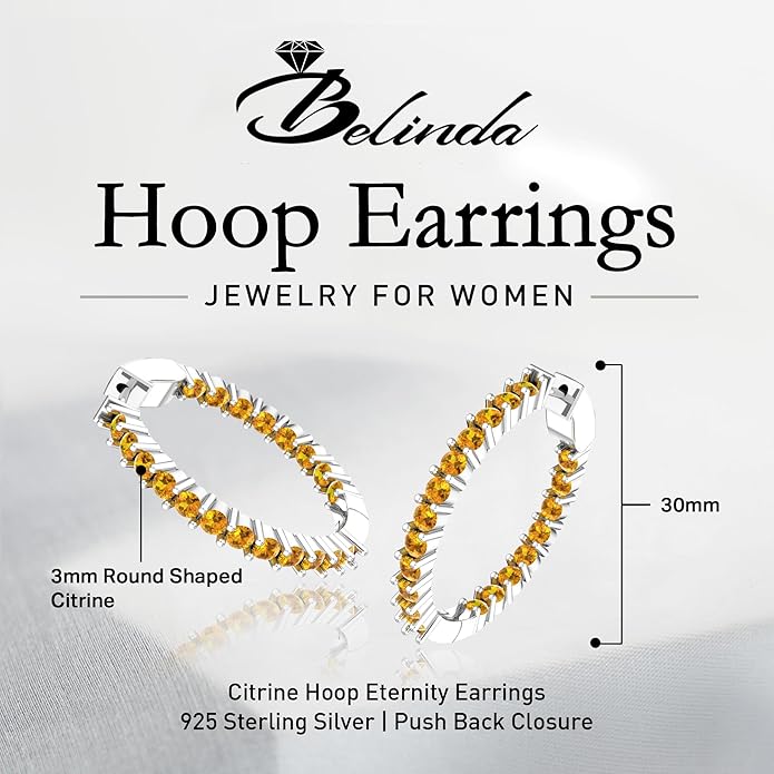 Hoop Earrings with 40 Colored Gemstones, Birthstone Earrings, 925 Sterling Silver Rhodium Plated, Push Back Closure, 1.18'