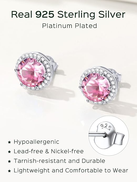 ChicSilver 925 Sterling Silver Birthstone Earrings for Women, 8MM/2 Carat Heart & Round Cubic Zirconia Stud Earrings, Hypoallergenic Jewelry, Ideal Birthday or Christmas Gifts