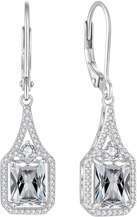 Emerald Cut Dangle Drop Earrings 925 Sterling Silver Halo Rectangular Leverback Earrings Birthstone Jewelry for Women