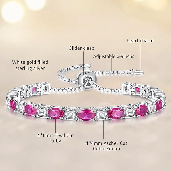 Sterling Silver Birthstone Bracelets for Women White Gold Tennis Bracelets Adjustable Chain 6-9 Inchs Jewelry Hypoallergenic Anniversary Birthday Gifts for Women Mom Wife Her