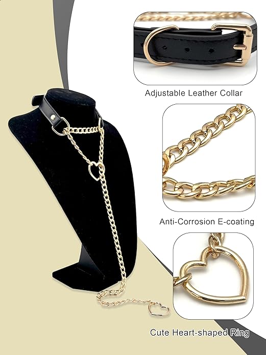 Black Leather Choker Collar For Women, Handmade Heart Slip Chain Choker Long Necklace with Adjustable Buckle