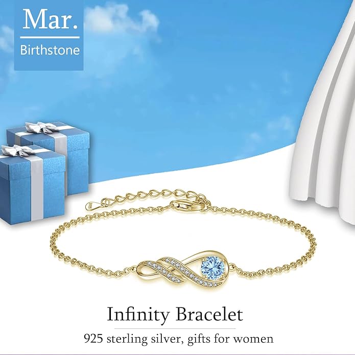 Birthstone Bracelets for Women 925 Sterling Silver Created Gemstone Bracelet Infinity Pendant Jewelry for Her, 6.7"+1.2"
