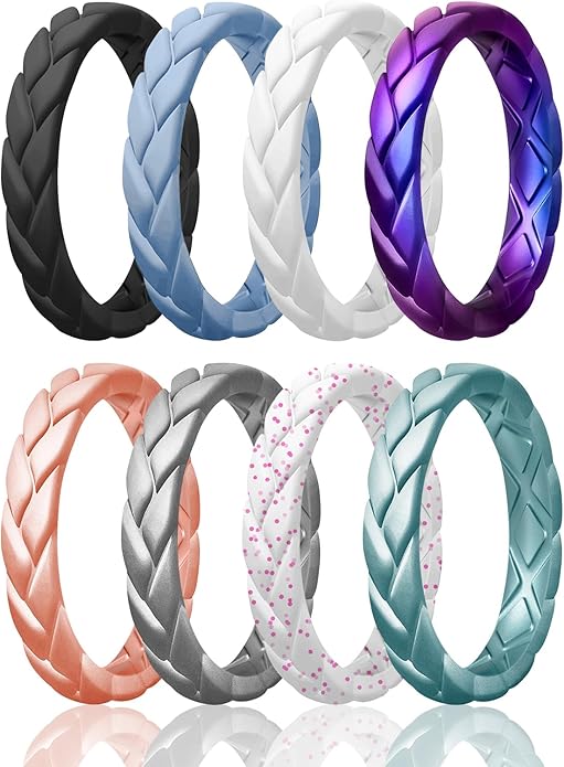 Egnaro Women's Silicone Stackable Rings 3.5mm Wide 2mm Thick, Rubber Flexible Hypoallergenic Wedding Bands For Workout Leaf Braided Fashion