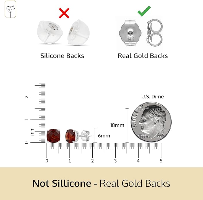 14k Gold 6MM Cushion Cut Stud Gemstone Earrings | Hypoallergenic Solitaire Gemstone Studs with 14K Gold Backs | Lightweight Birthstone Earrings with Gift Box by MAX + STONE