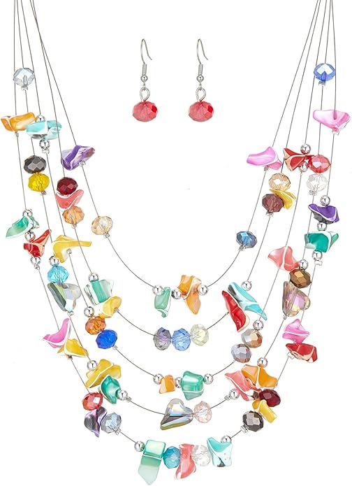 Multi-Layer Boho Shell Beaded Necklace for Women Colorful Crystal Strand with Silver Beads Statement Collars Necklace and Earrings Costumes Jewelry Sets for Women