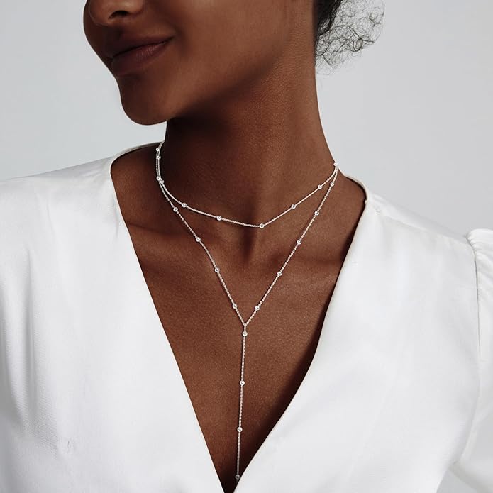 Gold Necklace for Women Trendy Lariat Y Necklace Dainty 14k Gold Plated/Silver Long Necklaces for Women Layered Beaded Drop Necklaces Simple Y-Shaped Chain Jewelry Gifts