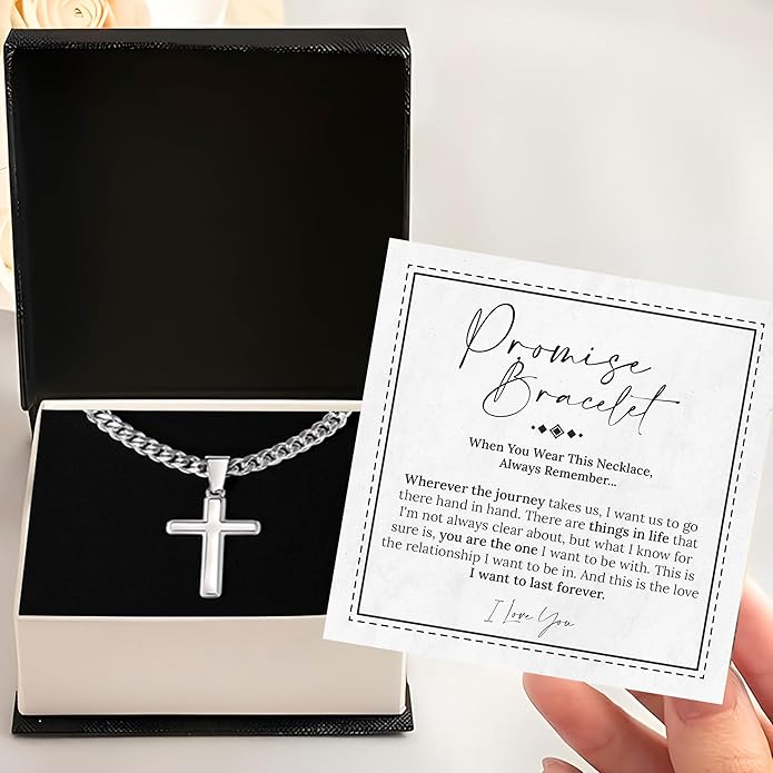 FLAGISTA Promise Cross Necklace for Him – Stainless Steel Cross Pendant with Cuban Link Chain, Meaningful Promise Gift for Husband, Boyfriend or Loved One.