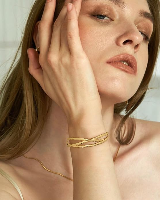Gold Cuff Bracelet for Women Chunky Multi-layer Cross Wire Open Bracelet Hollow Wide Cuff Bracelets Adjustable Gold Open Cuff Bangle Bracelet