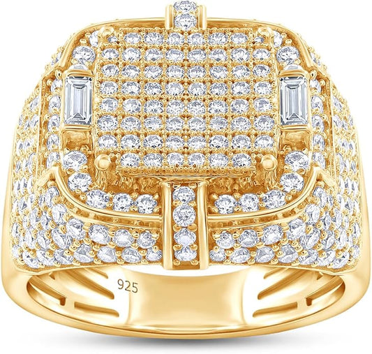 Wedding Anniversary Ring For Men's Baguette & Round Cut Lab Created Moissanite & Lab Grown Diamond Square Frame In 925 Sterling Silver 10K & 14K Solid Gold Jewelry 1.90 Cttw