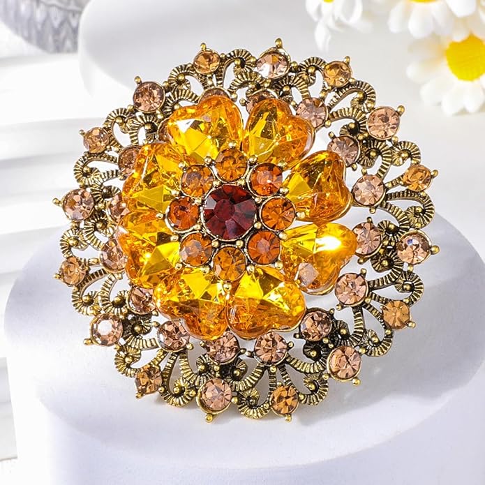 Rhinestone Crystal Flower Brooch Pin for Women,Vintage Multicolor Crystal Floral Lapel Pins Statement Sunflower Brooch Fashion Bride Formal Dress Jewelry
