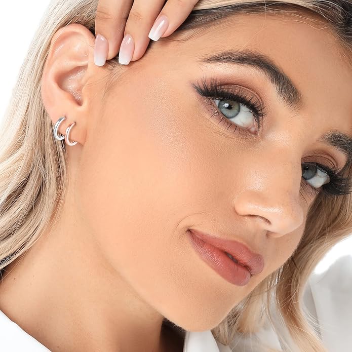 3 Pairs 925 Sterling Silver Hoop Earrings 14K White Gold Plated Small Silver Hoops Cartilage Huggie Earrings for Women Men