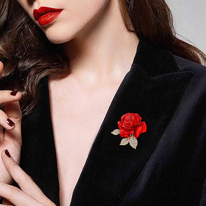 Crystal Red Rose Flower Brooch Pins for Women Elegant Enamel Rhinestone Floral Brooches Pin Fashion Jewelry for Party Dance Wedding Banquet Brooch for Women Girl Gift