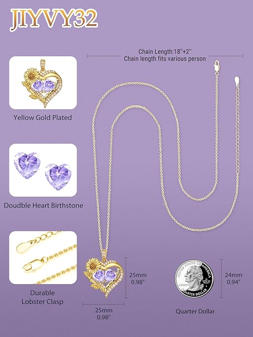 Sunflower Heart Necklace for Women 14K Gold Exquisite Anniversary Birthday Gifts for Wife Mother Her Double Birthstone Pendant jewelry‘You Are My Sunshine’