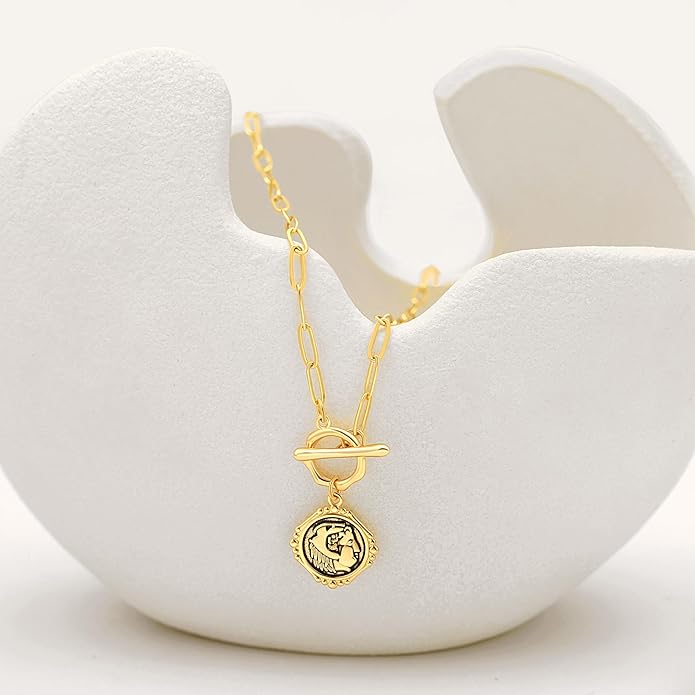 CANEVINKA Dainty Cross Medallion/Heart Pendant Chain Necklace 18K Gold Plated Oval Choker Fashion OT Toggle Jewelry Handmade for Women Simple Gold Charm Necklace