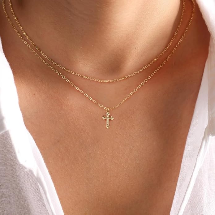 Cross Necklace for Women 14K Gold Silver Plated Dainty Small Cross Pendant Choker Simple Trendy Cute Cross Charm Chain Necklace Easter Basket Stuffers Baptism Religious Faith Jewelry Gift