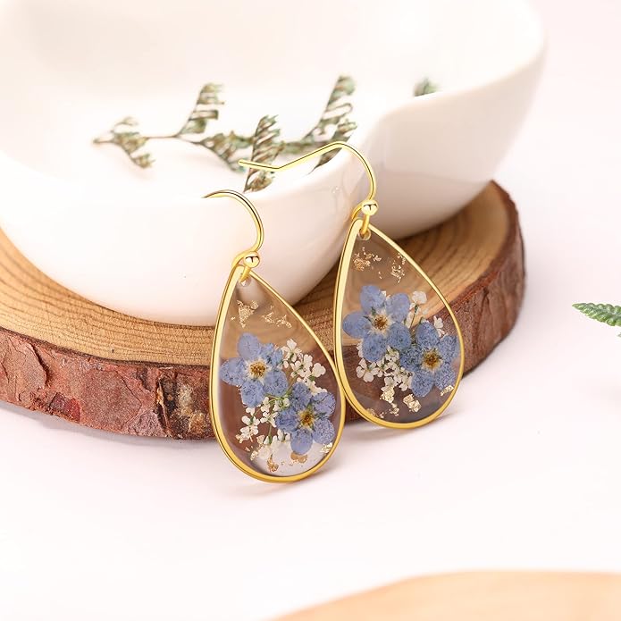 Forget-Me-Not and Queen Anne's Lace Pressed Wildflower Earrings | Pressed Flower Earrings | Handmade Drop and Dangle Earrings | Gift for Woman