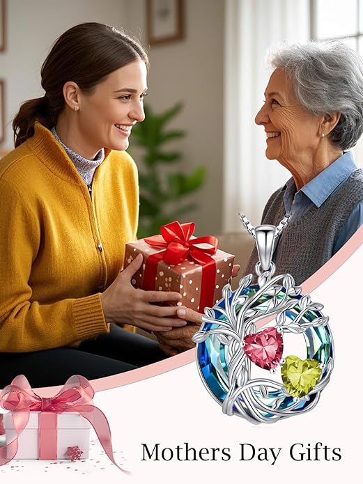 TOUPOP s925 Sterling Silver Family Celtic Tree of Life Pendant Necklaces with 2 Heart Birthstone with Blue Austrian Crystal Jewelry Birthday Anniversary Christmas Gifts for Her Wife Girlfriend Mom (18K Real White Gold Filled)