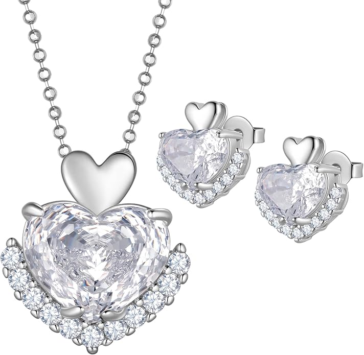 Ydou Love Heart Necklaces and Earrings with Rose Cut Birthstone Silver Plated Elegant Jewelry Set for Women CS0002