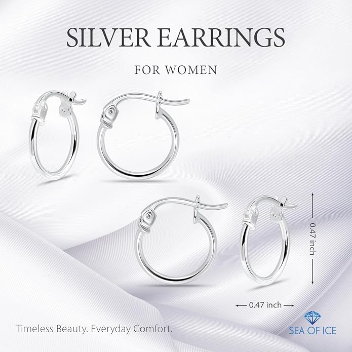 SEA OF ICE 925 Sterling Silver Hoop Earrings for Women - Hypoallergenic Earrings for Women in Sterling Silver, Yellow Gold, Rose Gold or Black Rhodium | Sizes 12MM, 15MM, 20MM or Multipack