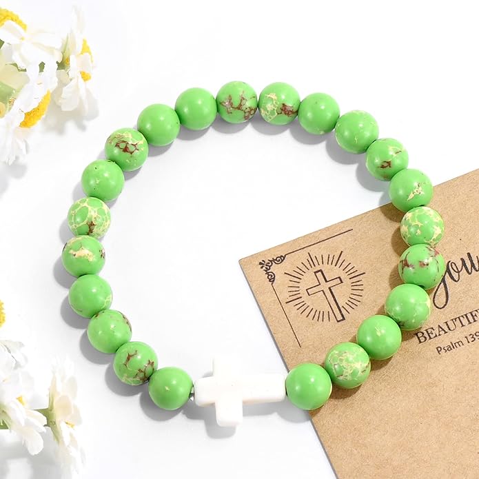 VIBILIA Cross Beaded Bracelets for Women, Inspirational Natural Heart Religious Bracelets for Women, Birthday Christian Gifts for Women on Thanksgiving Christmas Gifts