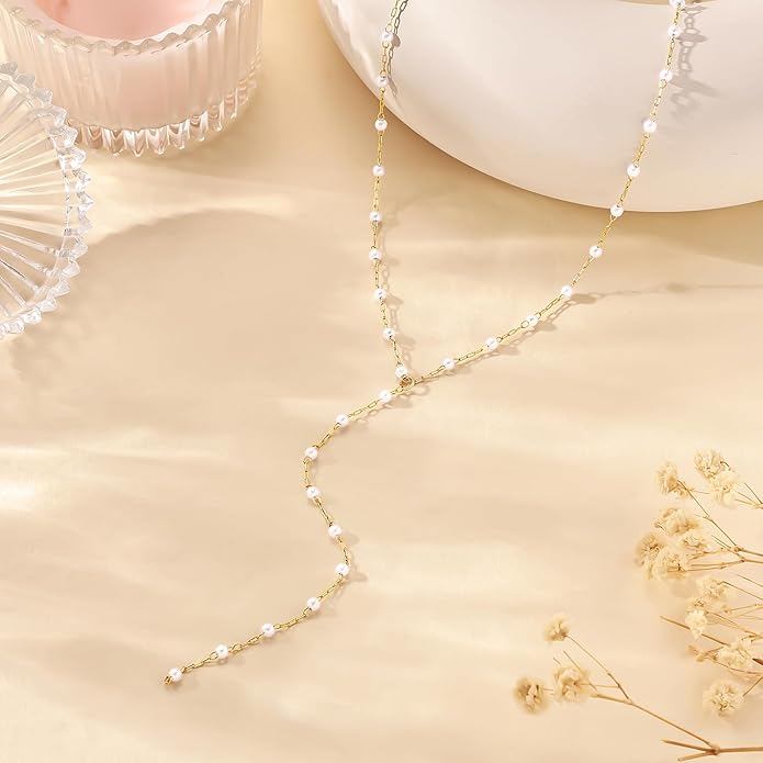 LOVELUCK Long Lariat Necklace for Women,Dainty Layered Y-Shaped Necklaces 14k Gold/Silver Plated Drop Chain Trendy Christmas Jewelry Gifts