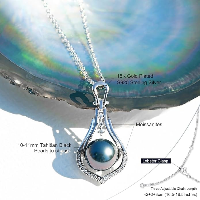 Genuine Tahitian Black Pearl Necklace for Women, 9-11mm AAAA Seawater Pearl with Sterling Silver Moissanite Pendant, Jewelry Gift for Wife, Mom, Girlfriend, Wedding Anniversary, Birthday, Christmas