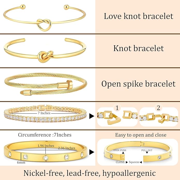 FAFUGA 18 K Gold Plated Love Bangle Bracelet Stack Cuff Jewelry for Women Jewelry Set for Women Gift with Box
