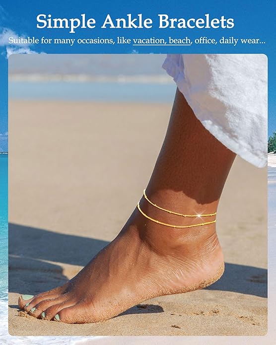 FUNEIA Gold Silver Ankle Bracelets for Women Waterproof 14K Gold Plated Anklets for Women Non Tarnish Dainty Layered Beaded Heart Anklet Set Summer Beach Foot Chain Jewelry Gifts Trendy Stuff
