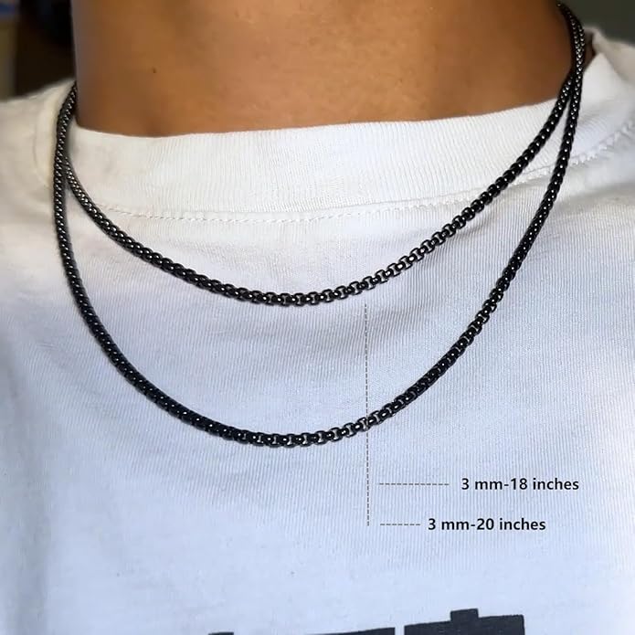 Bowisheet Black Square Rolo Chain Stainless Steel Round Box Chain Necklace Men Women