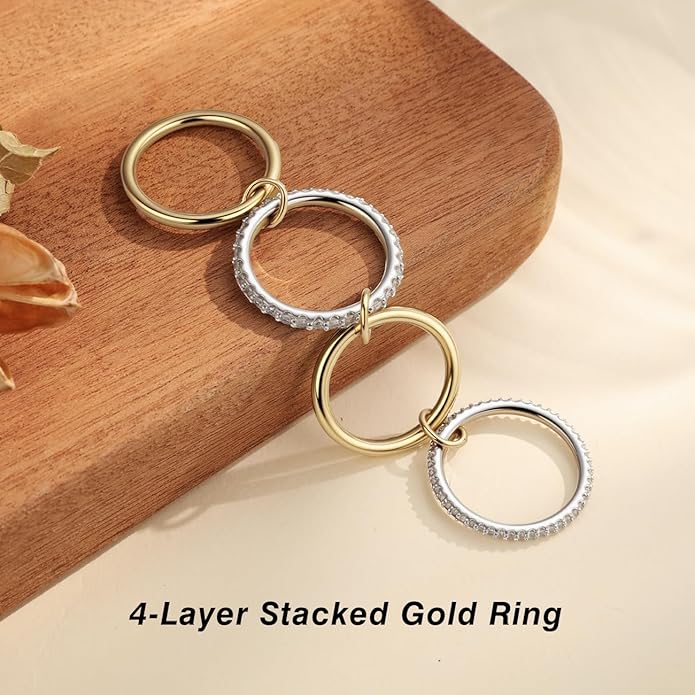 Emibele 14K Gold Plated Stackable Rings for Women, Interlocking Non Tarnish Gold Rings, Silver Dainty Cubic Zirconia Bands, Two-Toned Mixed Metal Stacking Band, Trendy Jewelry Gifts for Women