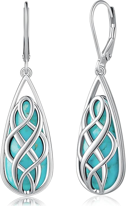 Turquoise Earrings for Women, Turquoise Jewelry for Women S925 Sterling Silver Dangle Teardrop Earrings Celtic Design, Boho Jewelry Gift for Friend Lover Mother