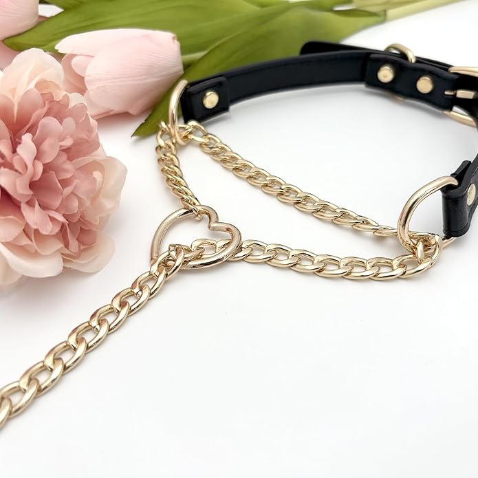 Black Leather Choker Collar For Women, Handmade Heart Slip Chain Choker Long Necklace with Adjustable Buckle