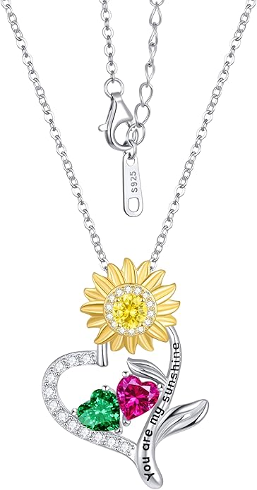 PERJI Valentine's Day Gifts for Women - 925 Sterling Silver Double Birthstone Sunflower Necklace, Anniversary Birthday Jewelry You are My Sunshine Gifts for Wife Couple Girlfriend 18"+2" Non Tarnish