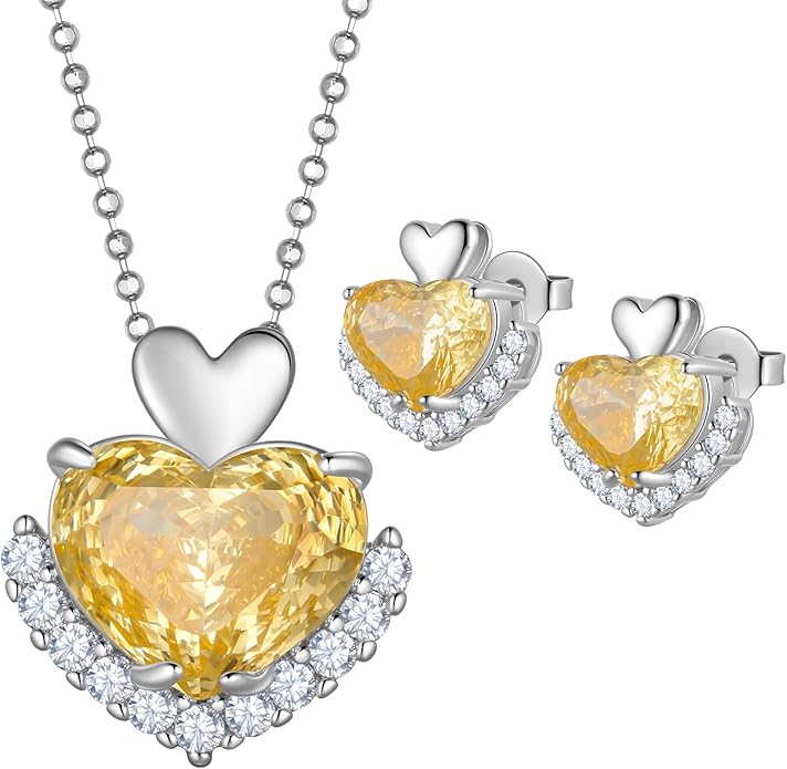 Ydou Love Heart Necklaces and Earrings with Rose Cut Birthstone Silver Plated Elegant Jewelry Set for Women CS0002