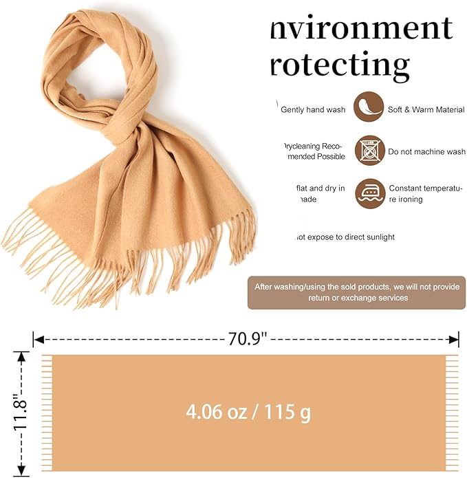 WASALUYA Wool Scarf for Women & Men, 100% Wool Scarves Wrap Shawl with Tassels, Elegant Soft Winter Scarf for Fall and Winter
