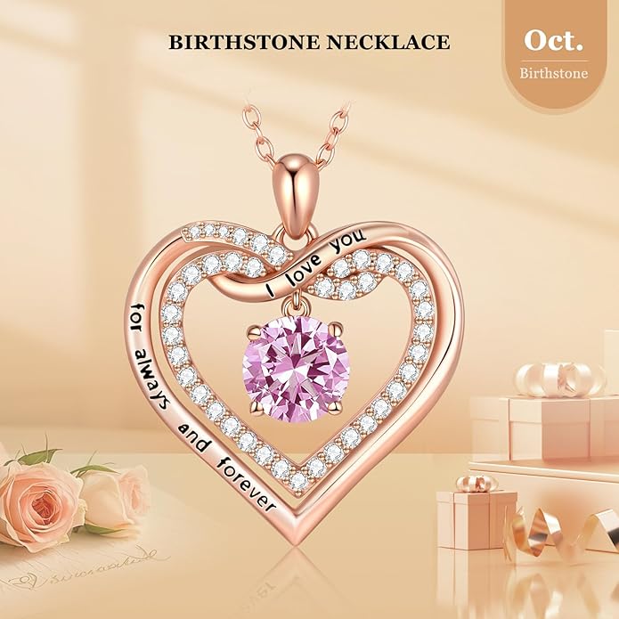 G&GEMSJEW Infinity Heart Birthstone Necklaces for Women, 925 Sterling Silver Jewelry, Pendant Heart Necklaces Birthday Anniversary Christmas Gift for Women Wife Mom Girlfriend Lady