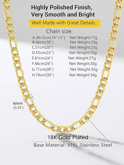 PROSTEEL 316L Stainless Steel Figaro Cuban Chain Necklace for Men, Black/18K Real Gold Plated, 4/5/6/7.5/9/10/13mm, 14inch-30inch, Come with Box